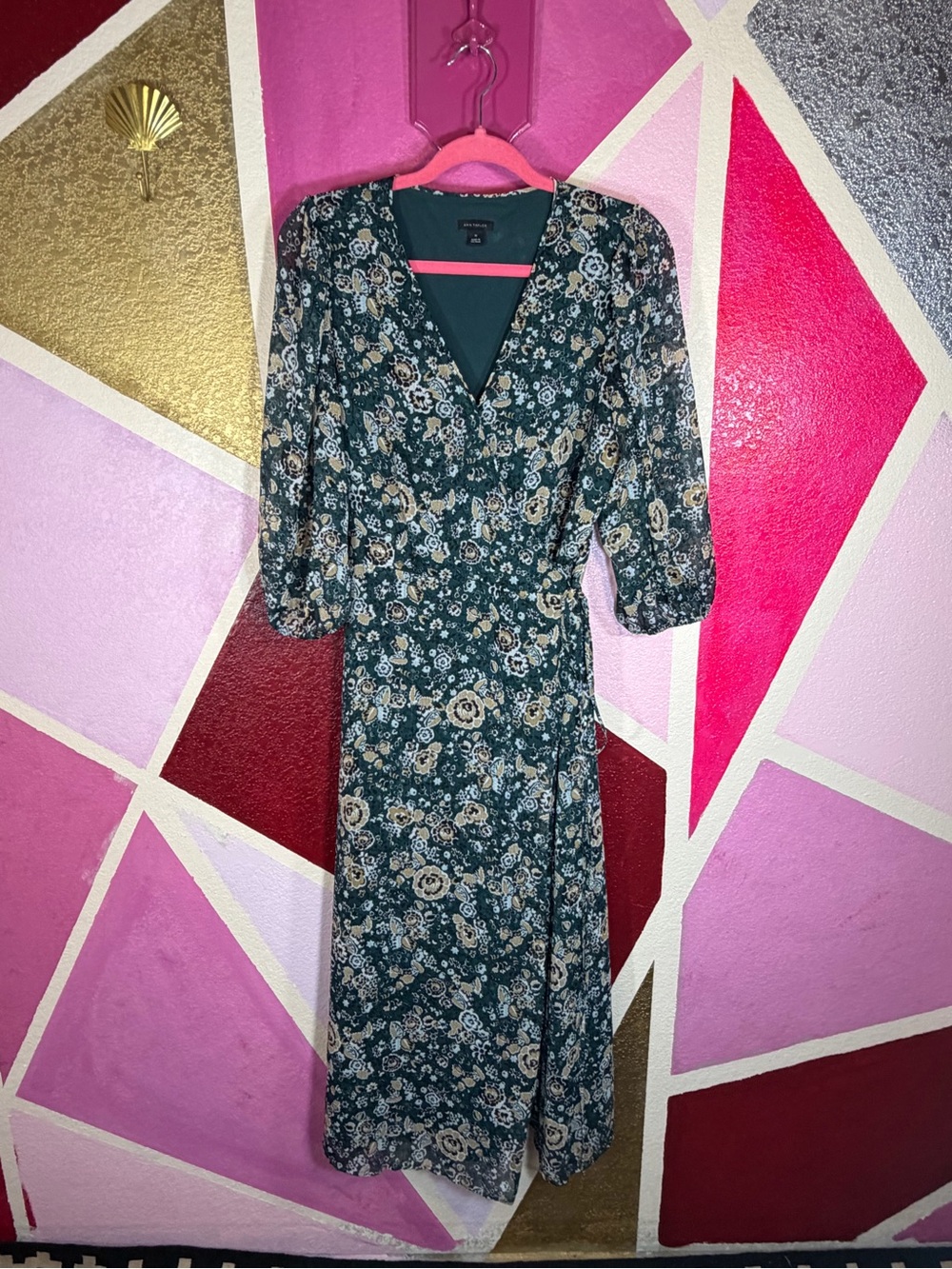 Ann Taylor Emerald Floral Metallic Wrap Midi Dress Balloon Sleeves 10